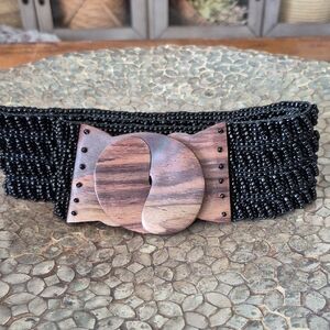 Vintage Stretchy Black Glass Beaded Belt with Wooden Buckle. Fits 28-40" wsist